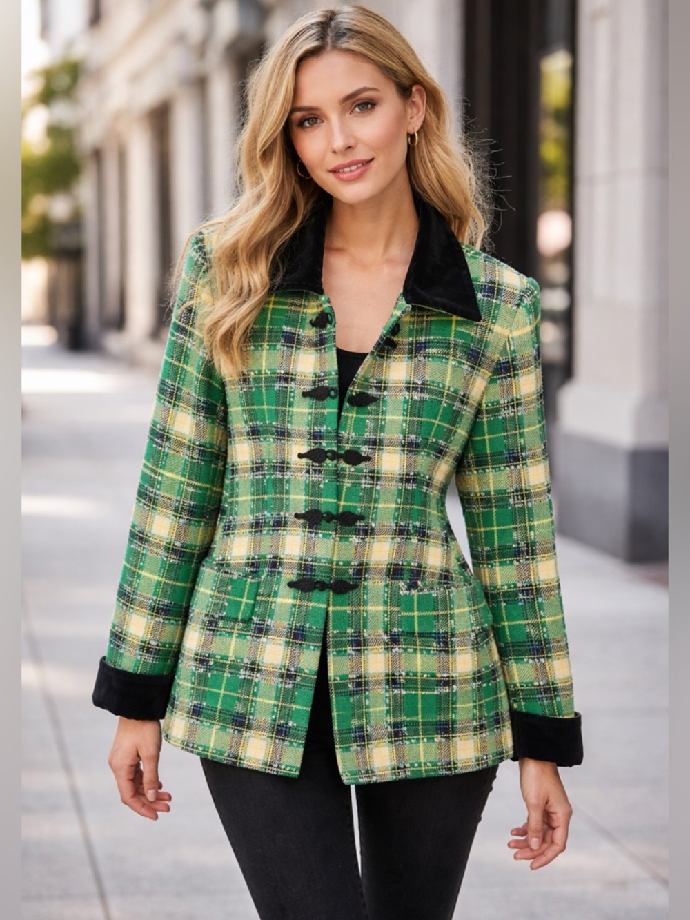 Vintage Jules Miller Green Plaid Tweed Blazer with Black Velvet Trim